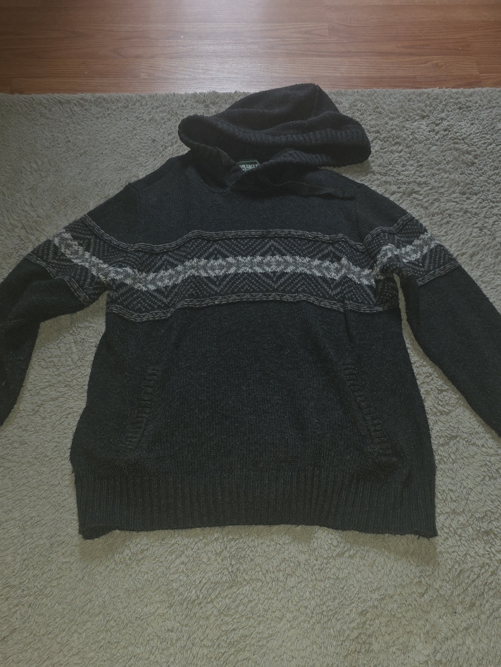 American Eagle Outfitters Black Hooded Fair Isle Zip Sweater